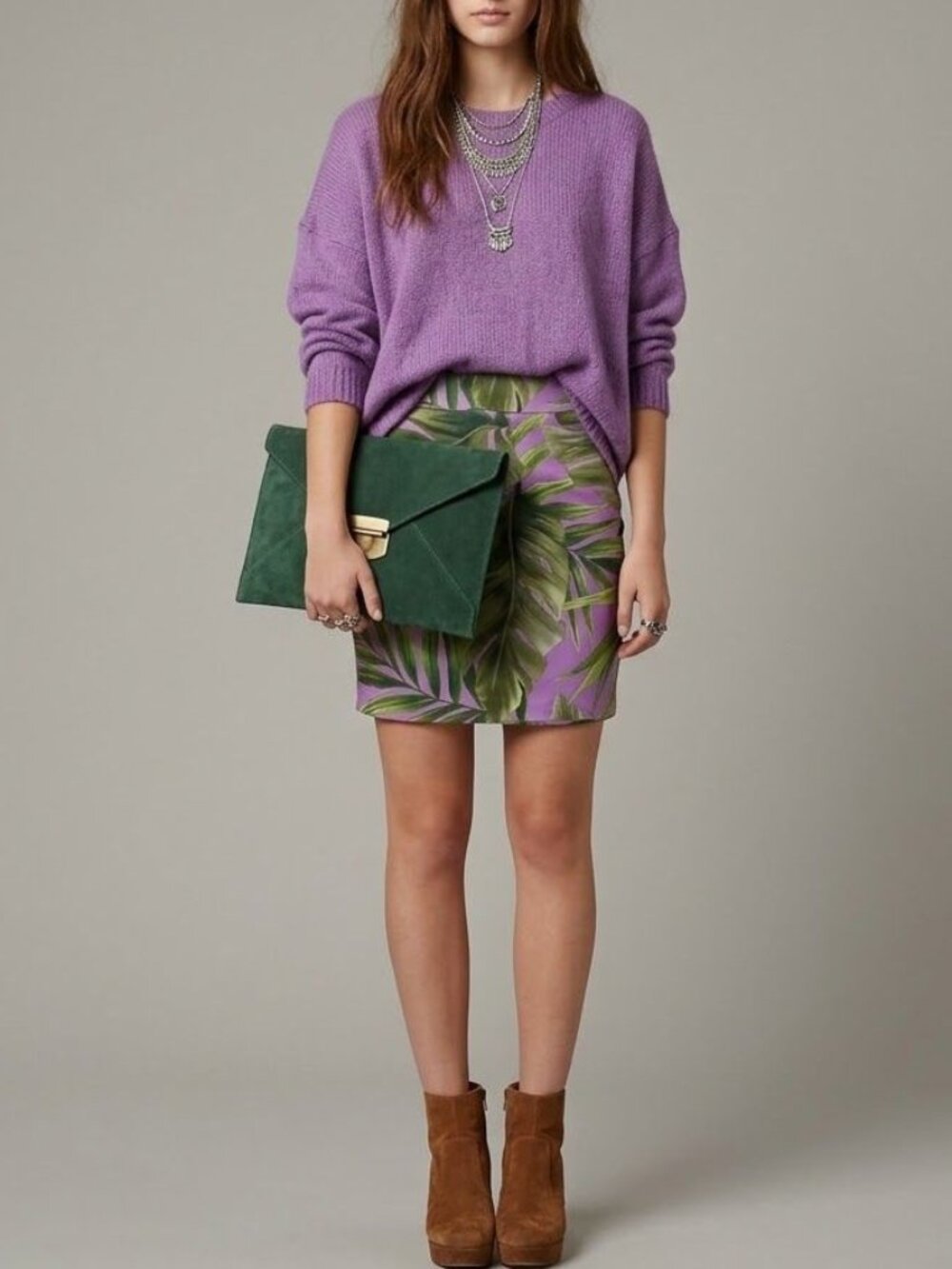 Talbots Tropical Leaf-Print Silk-Blend Skirt Purple/Green Size 12